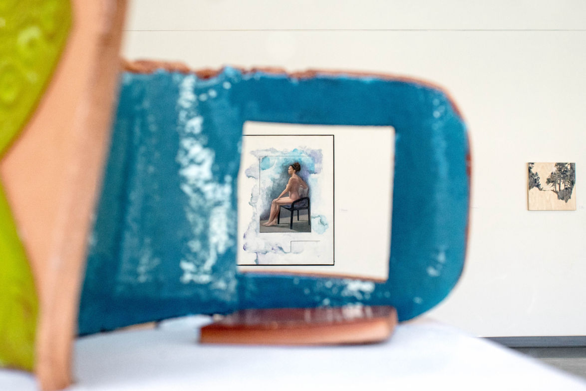 ceramic sculpture with painting inset at citrus college art gallery