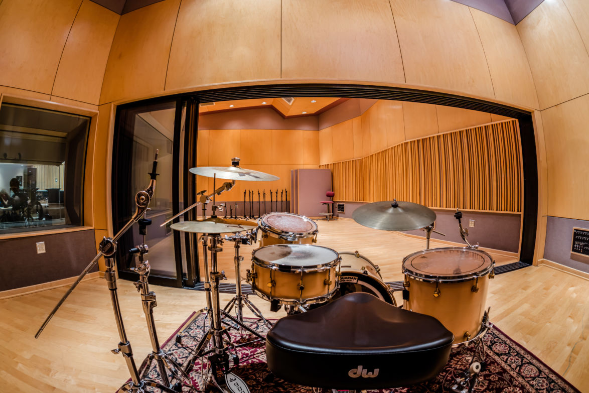drum set in recording booth at citrus college recording studio